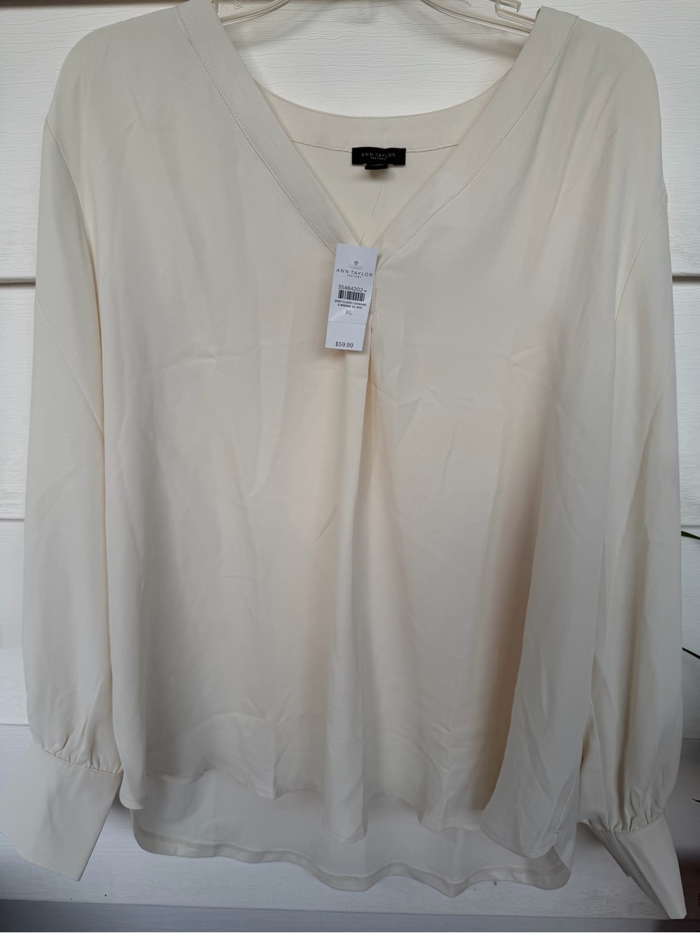 Ann Taylor Factory Pleated Blouse XL Ivory Mixed Media Top Split Neck NWT